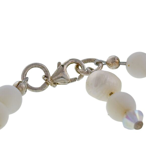 Vintage Sterling Silver 925 Clasp Mother Of Pearl Crystal Beaded Bracelet 7.75" - Picture 3 of 5